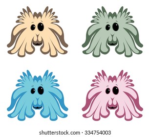 Cute cartoon monster icons on white background. Set of four colored variant