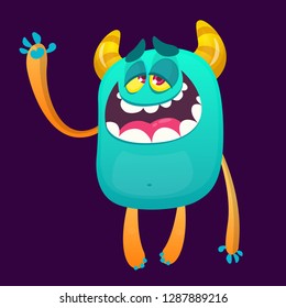 Cute cartoon monster illustration waving hand. Halloween illustration