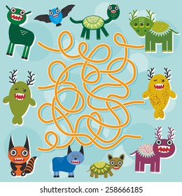  Cute cartoon Monster labyrinth game for Preschool Children. Vector 