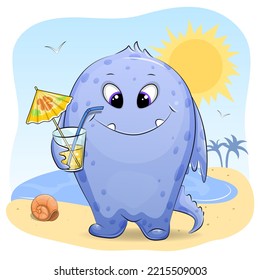 Cute cartoon monster with lemonade on the beach. Summer vector illustration with sun, sea and palm trees.