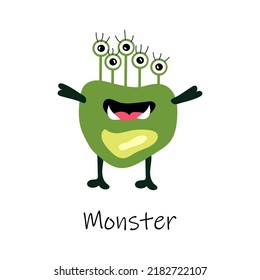 Cute cartoon monster with lots of eyes. Cool green alien. Illustration with the inscription monster. Flat mutant. Print for textiles, children's illustration. White isolated background.