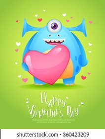 Cute cartoon monster in love holding a pink heart romantic congratulation postcard for Saint Valentine's Day