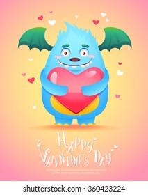 Cute cartoon monster in love holding a pink heart romantic congratulation postcard for Saint Valentine's Day