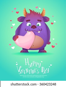 Cute cartoon monster in love holding a pink heart romantic congratulation postcard for Saint Valentine's Day