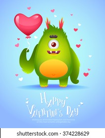 Cute cartoon monster in love holding a pink heart romantic congratulation postcard for Saint Valentine's Day