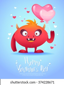 Cute cartoon monster in love holding a pink heart romantic congratulation postcard for Saint Valentine's Day
