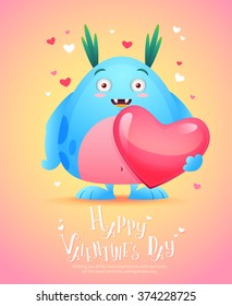 Cute cartoon monster in love holding a pink heart romantic congratulation postcard for Saint Valentine's Day