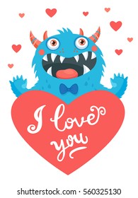 Cute Cartoon Monster In Love Holding A Pink Heart With Text I Love You. Vector Card For Saint Valentine's Day.