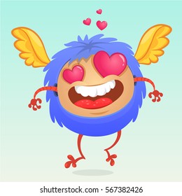 Cute cartoon monster in love with a pink heart shaped eyes. Romantic congratulation postcard for Saint Valentine's Day