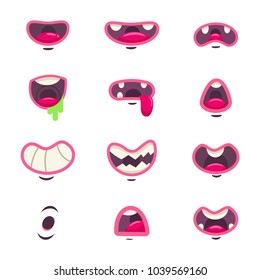 Cute cartoon monster mouth with tongue and teeth. Vector set of funny comic expressions of flat characters isolated on white background.