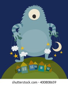 Cute cartoon monster at night, vector illustration