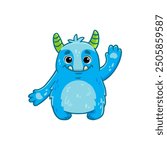 Cute cartoon monster on white background. Blue Monster Icon. Happy Alien. Doodle Funny monster with horns. Vector illustration