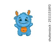 Cute cartoon monster on white background. Blue Monster Icon. Happy Alien. Doodle Funny monster with horns. Vector illustration
