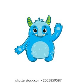 Cute cartoon monster on white background. Blue Monster Icon. Happy Alien. Doodle Funny monster with horns. Vector illustration