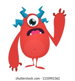 Cute cartoon monster with one eye. Vector Halloween illustration of funny red  monster character