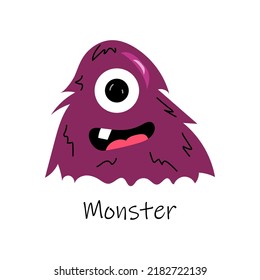Cute cartoon monster with one eye. Fluffy burgundy alien. Illustration with the inscription monster. Cool monster in flat style. Print for textiles, children's illustration.