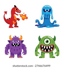 Cute cartoon monster pack with fire dragon, blue slime blob, furry beast and lizard alien, sticker set for birthday party