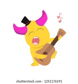 Cute cartoon monster playing guitar and singing love song. Love concept. Vector illustration can be used for topics like party invitation, Valentines day, concert
