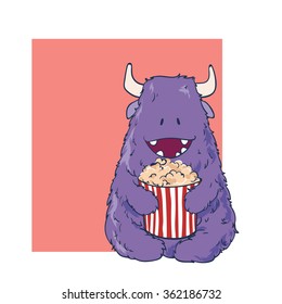 Cute Cartoon Monster with popcorn. Vector illustration. Cartoon and funny monsters cards with place for your text.