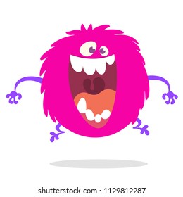 Cute cartoon monster screaming or laughing with big mouth. Vector illustration of pink round monster character for Halloween
