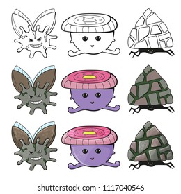 Cute cartoon monster set collection. Hand drawn black line and color character design. Vector illustration on white background.