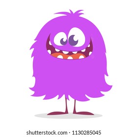 Cute cartoon monster smiling. Vector illustration of purple hairy monster. Halloween design