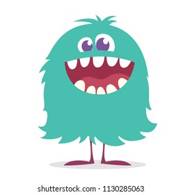 Cute cartoon monster smiling. Vector illustration of blue hairy monster. Halloween design