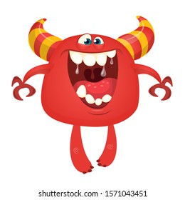 Cute cartoon monster smiling. Vector illustration of funny excited red monster