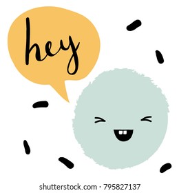 Cute cartoon monster with speech bubble "hug me".  Funny emoticon. Abstract hand drawn illustration. 