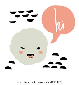 Cute cartoon monster with speech bubble "hi".  Funny emoticon. Abstract hand drawn illustration. 