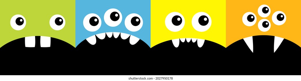 Cute cartoon monster square head icon set line. Boo Spooky Screaming smiling sad face emotion. Three eyes, tongue, teeth fang, mouse. Happy Halloween card. Flat design style. White background. Vector