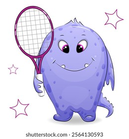 Cute cartoon monster tennis player holding a tennis racket. Sport vector illustration of animal on white background with stars.