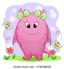 Cute cartoon monster with two green bows. Vector illustration of a character with bees and flowers. 