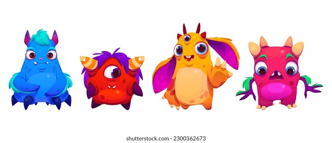 Cute cartoon monster vector character. Funny alien set for halloween illustration. Happy kid animal creature with face, eye and mouth. Isolated little beast mascot clipart for comic baby game.