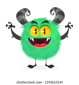 Cute cartoon monster. Vector funny monster character waving hands