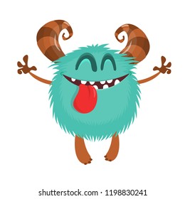 Cute cartoon monster. Vector funny monster character showing long tongue