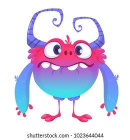 Cute cartoon monster. Vector  furry blue monster character with tiny legs and big horns. Halloween design