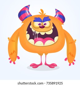 Cute cartoon monster. Vector  furry orange monster character with tiny legs and big horns. Design for children book, holiday decoration, stickers, logo or print