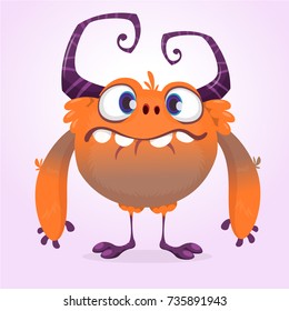 Cute cartoon monster. Vector  furry orange monster character with tiny legs and big horns. Halloween design