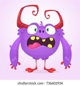 Cute cartoon monster. Vector  furry violet monster character with tiny legs and big horns. Design for children book, holiday decoration, stickers, logo or print