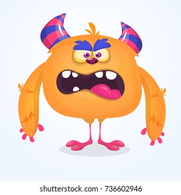 Cute cartoon monster. Vector  furry orange monster character with tiny legs and big horns. Halloween design