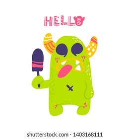 Cute cartoon monster. Vector isolated monster. Good design for illustration, poster, print, t-shirt, party decoration, logo, emblem or sticker.