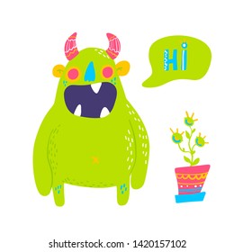 Cute cartoon monster. Vector isolated monster. Good design for illustration, poster, print, t-shirt, party decoration, logo, emblem or sticker.