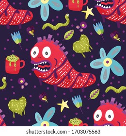 Cute cartoon monster vector seamless pattern in a flat style. Funny kid alien character background. Mutant beast animal comic wallpaper on a dark background.