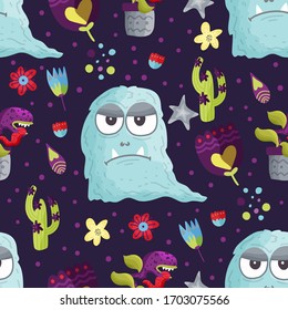 Cute cartoon monster vector seamless pattern in a flat style. Funny kid alien character background. Mutant beast animal comic wallpaper on a dark background.