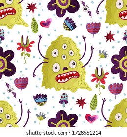 Cute cartoon monster vector seamless pattern in a flat style. Funny kid alien character background. Mutant beast animal comic wallpaper on a white background.