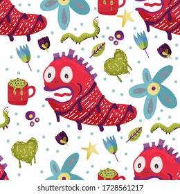 Cute cartoon monster vector seamless pattern in a flat style. Funny kid alien character background. Mutant beast animal comic wallpaper on a white background.