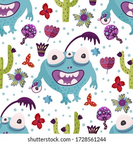Cute cartoon monster vector seamless pattern in a flat style. Funny kid alien character background. Mutant beast animal comic wallpaper on a white background.