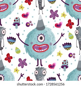 Cute cartoon monster vector seamless pattern in a flat style. Funny kid alien character background. Mutant beast animal comic wallpaper on a white background.