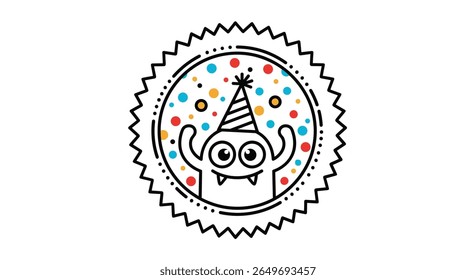 Monstro de desenho animado bonito usando um chapéu de festa celebrando com confetes coloridos uma ilustração festiva caprichosa para ocasiões alegres e desenhos divertidos